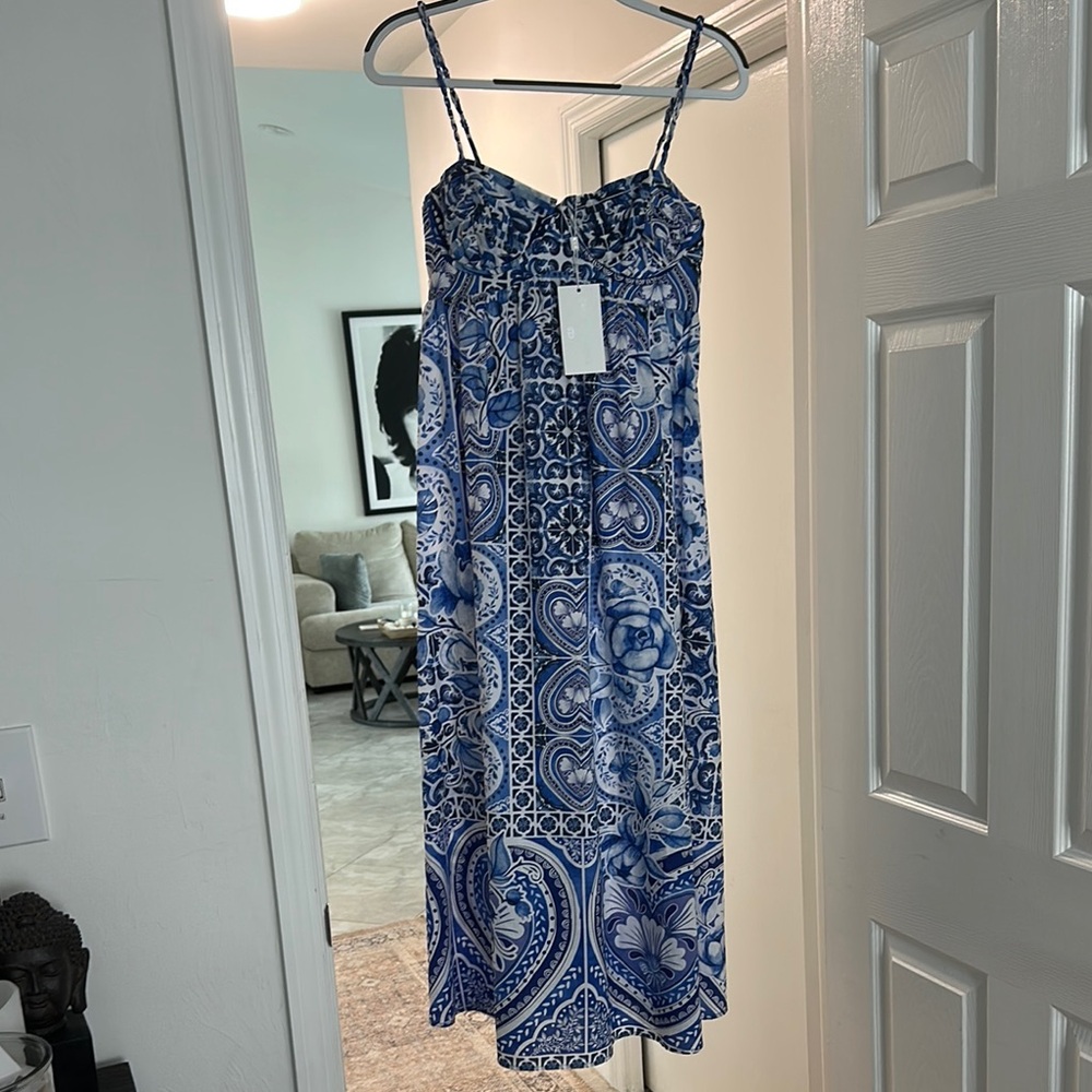 Caroline Constas Blue and White Spaghetti Strap Sundress Small